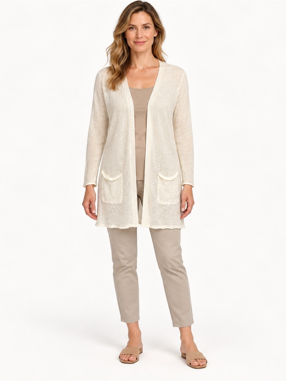 Ivory 100% linen open front lightweight longline semi sheer duster cardigan